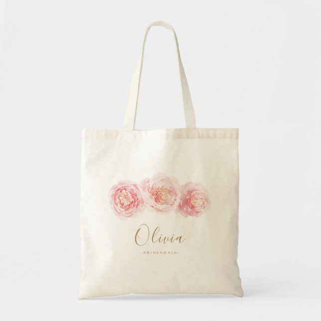 Personalised elegant blush pink floral bridesmaid tote bag (Front)