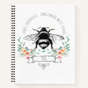 Personalised Elegant Blush Pink Green Floral Bee Notebook