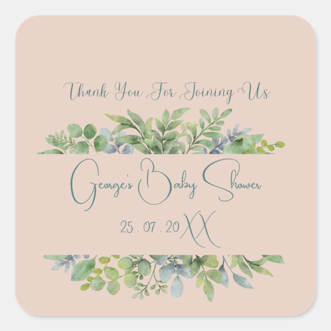 Personalised Elegant Botanical Baby Shower  Square Sticker (Front)