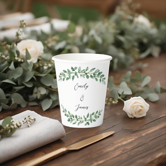 Personalised Elegant Botanical Greenery Wedding Paper Cups (Creator Uploaded)