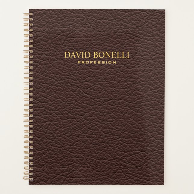 Personalised Elegant Brown Leather Masculine Planner (Front)