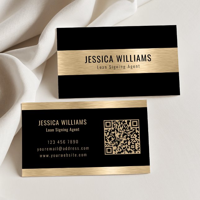 Personalised Elegant Brushed Gold Black QR Code Business Card (Creator Uploaded)
