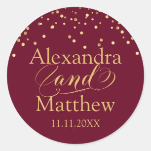 Personalised Elegant Burgundy Gold Wedding Classic Classic Round Sticker