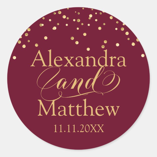 Personalised Elegant Burgundy Gold Wedding Classic Classic Round Sticker (Front)