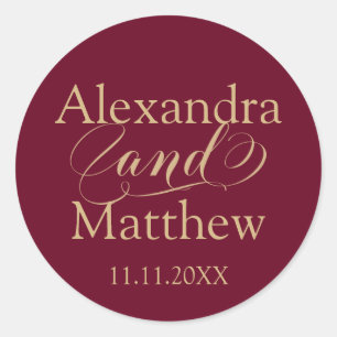 Personalised Elegant Burgundy Gold Wedding Classic Round Sticker