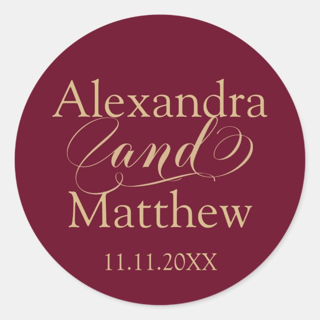 Personalised Elegant Burgundy Gold Wedding Classic Round Sticker (Front)