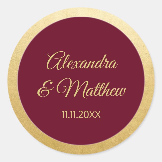 Personalised Elegant Burgundy Gold Wedding Classic Round Sticker (Front)