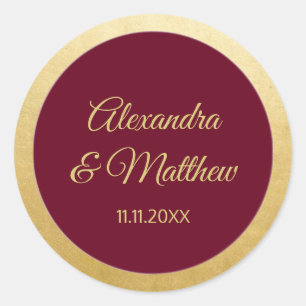 Personalised Elegant Burgundy Gold Wedding Classic Round Sticker