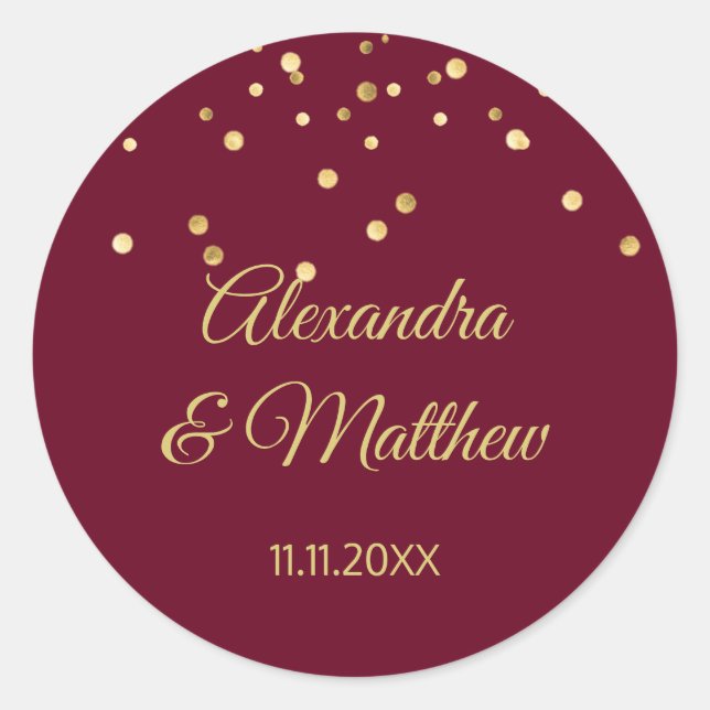 Personalised Elegant Burgundy Gold Wedding Classic Round Sticker (Front)