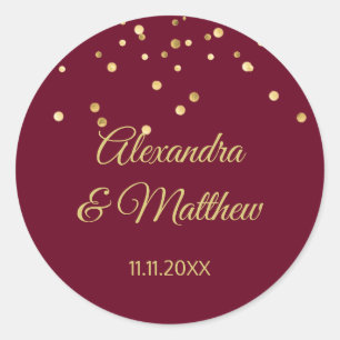Personalised Elegant Burgundy Gold Wedding Classic Round Sticker