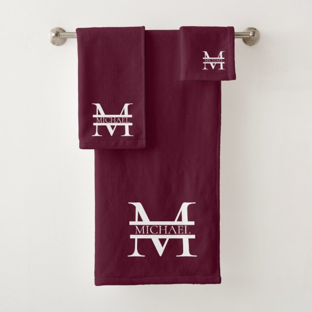 Personalised Elegant Burgundy Monogram and Name Bath Towel Set (Insitu)