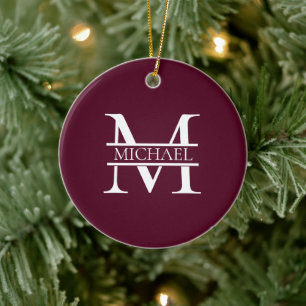 Personalised Elegant Burgundy Monogram and Name Ceramic Tree Decoration