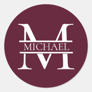 Personalised Elegant Burgundy Monogram and Name Classic Round Sticker