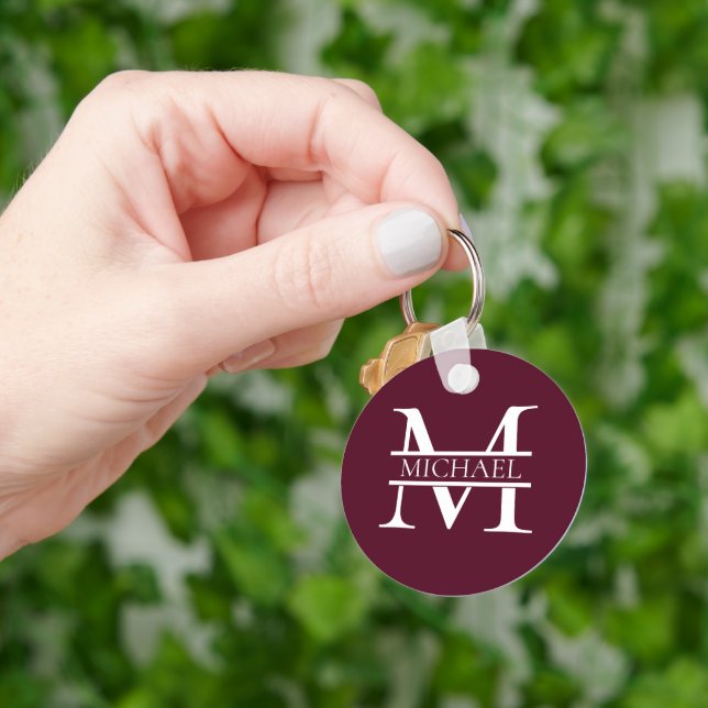 Personalised Elegant Burgundy Monogram and Name Key Ring (Hand)
