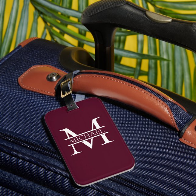 Personalised Elegant Burgundy Monogram and Name Luggage Tag (Front Insitu 1)