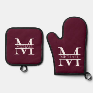 Personalised Elegant Burgundy Monogram and Name Oven Mitt & Pot Holder Set