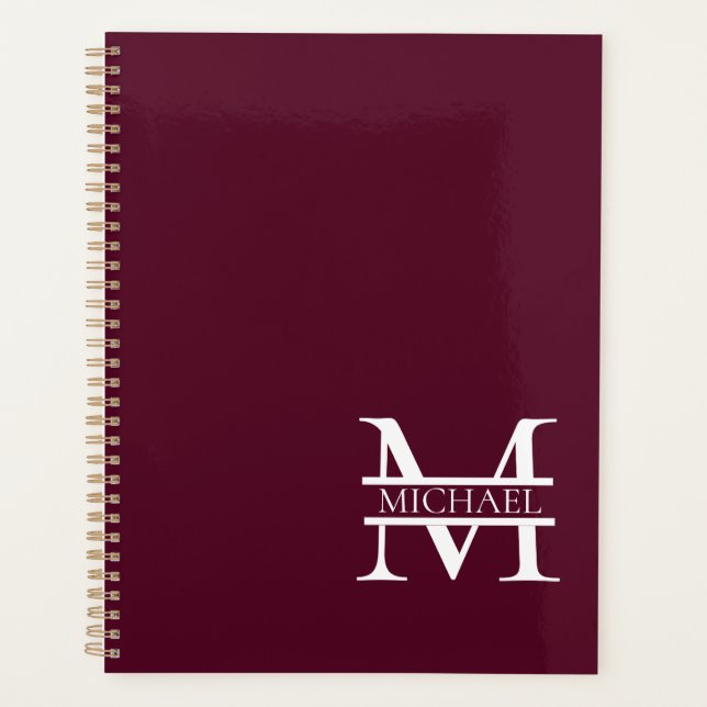 Personalised Elegant Burgundy Monogram and Name Planner (Front)