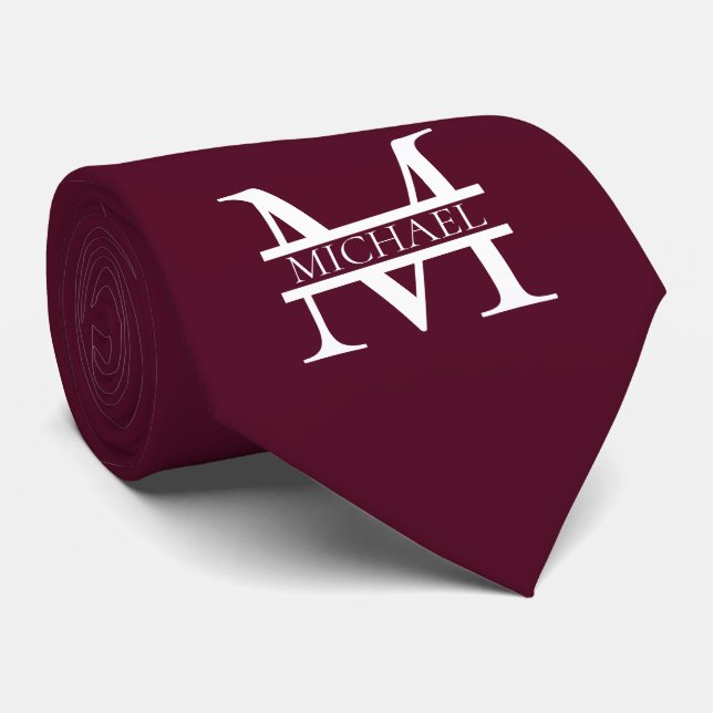 Personalised Elegant Burgundy Monogram and Name Tie (Rolled)
