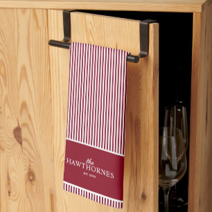 Personalised Elegant Burgundy Red Stripe Tea Towel