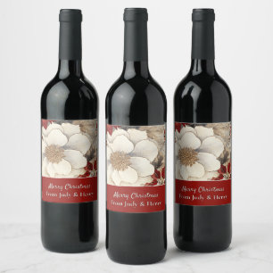 Personalised Elegant Christmas Floral Red & White Wine Label
