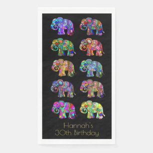 Personalised Elegant Colourful Elephants on Black Napkin