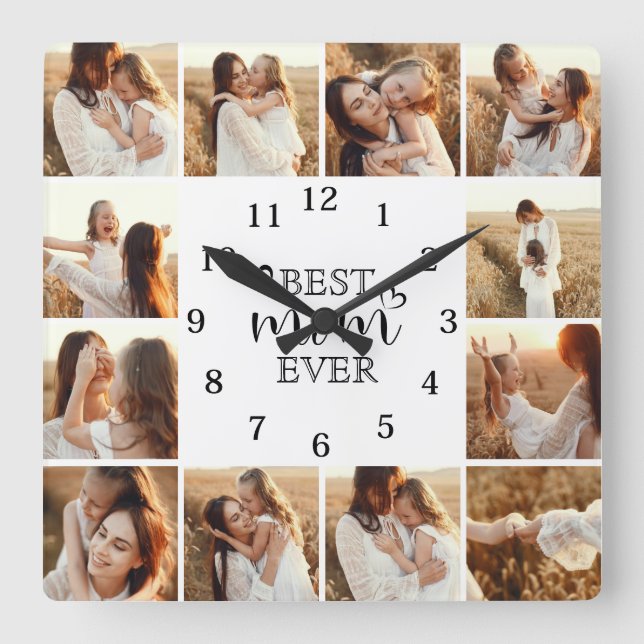 Personalised Elegant Cute Family 12 Photo Collage Square Wall Clock (Front)