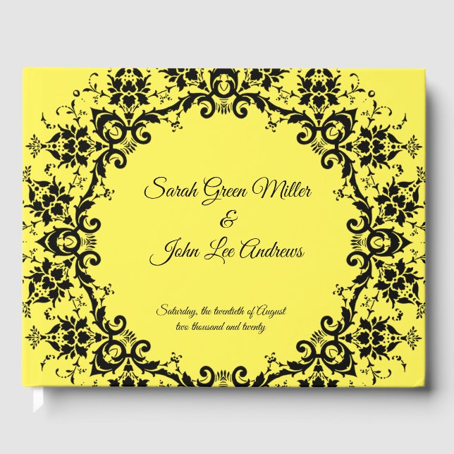Personalised Elegant Damask Floral Yellow Wedding  Guest Book (Front)