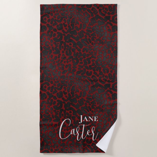 Personalised Elegant Dark Red Black Leopard Beach Towel (Front)