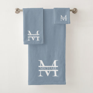 Personalised Elegant Dusty Blue Monogram and Name Bath Towel Set