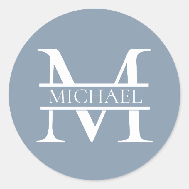 Personalised Elegant Dusty Blue Monogram and Name Classic Round Sticker (Front)
