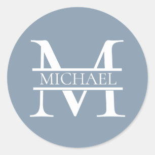 Personalised Elegant Dusty Blue Monogram and Name Classic Round Sticker