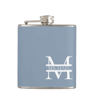 Personalised Elegant Dusty Blue Monogram and Name Hip Flask