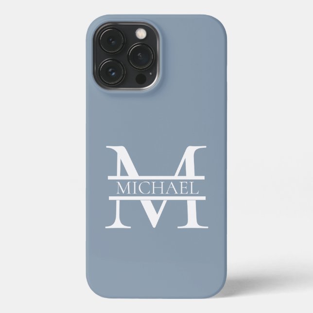 Personalised Elegant Dusty Blue Monogram and Name iPhone Case (Back)