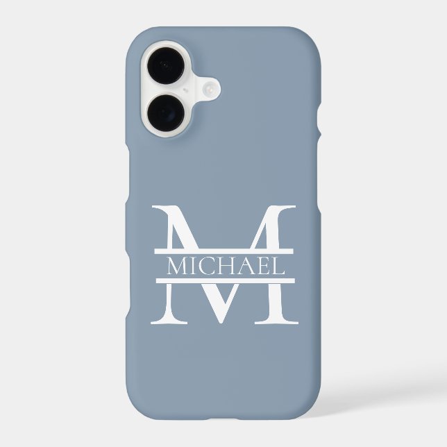 Personalised Elegant Dusty Blue Monogram and Name iPhone Case (Back)