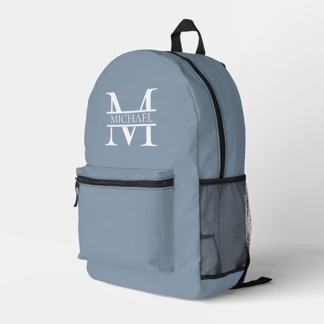 Personalised Elegant Dusty Blue Monogram and Name Printed Backpack (Back Corner Right)