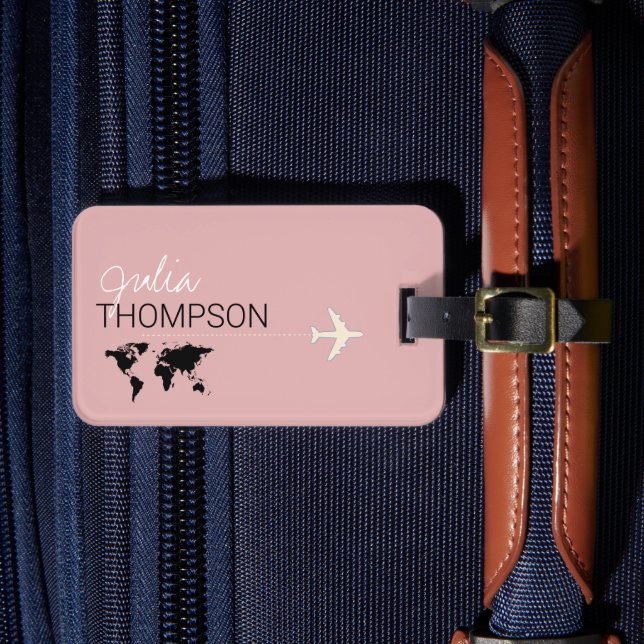 Personalised Elegant dusty-pink aero travel Luggage Tag (Front Insitu 4)