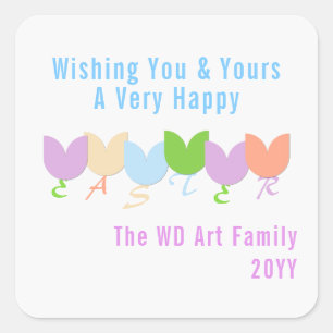 Personalised Elegant Easter Spring Tulips Floral Square Sticker