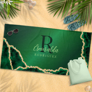 Personalised Elegant Emerald Green and Gold Agate Beach Towel