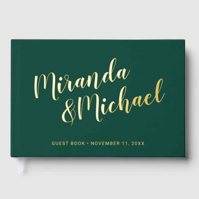 Personalised Elegant Emerald Green & Gold Wedding Guest Book (Front)
