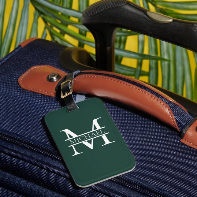 Personalised Elegant Emerald Green Monogram & Name Luggage Tag (Front Insitu 1)