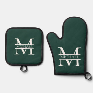 Personalised Elegant Emerald Green Monogram & Name Oven Mitt & Pot Holder Set