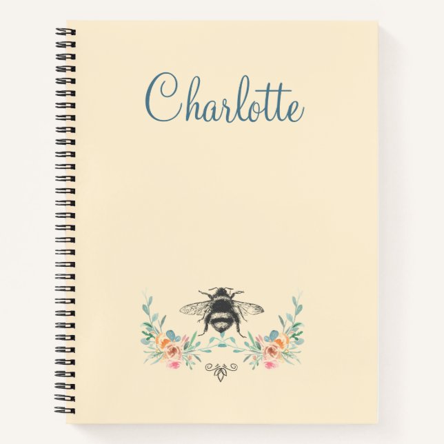 Personalised Elegant Floral Bee Spiral Notebook (Front)