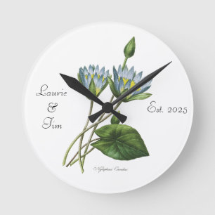 Personalised Elegant Floral Blue Nymphea Wooden  Round Clock