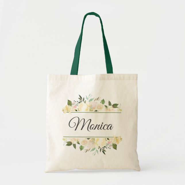Personalised Elegant Floral Ladies Khaki Green Eco Tote Bag (Front)