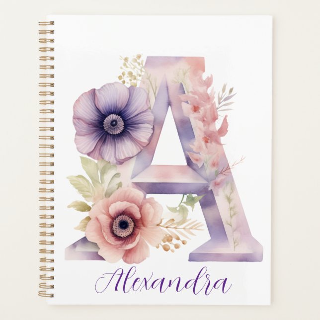 Personalised Elegant Floral Monogram Notebook Planner (Front)