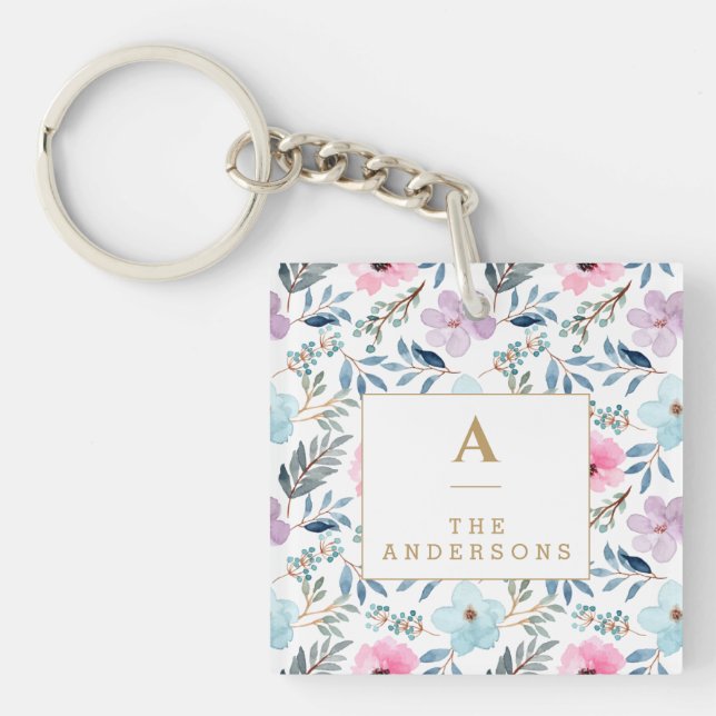 Personalised Elegant Floral Monogram Pastel Name Key Ring (Front)