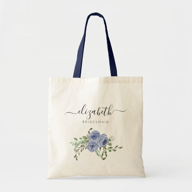 Personalised Elegant Floral Navy Blue Bridesmaid Tote Bag (Front)