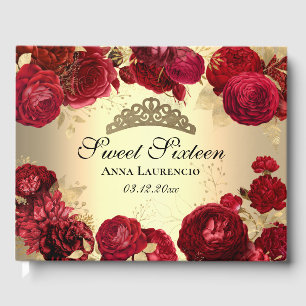 Personalised Elegant Floral Red Gold Sweet Sixteen Guest Book