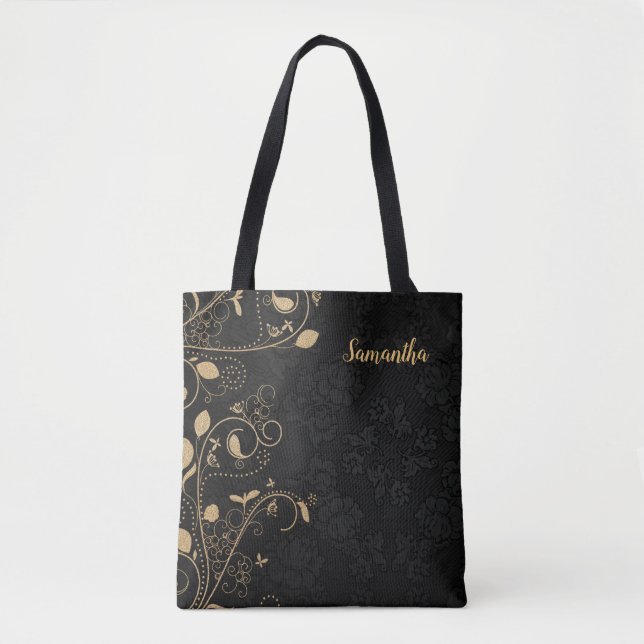 Personalised Elegant Gold Black Floral Tote Bag (Front)