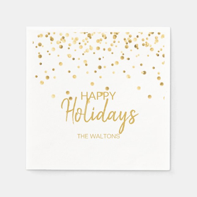 Personalised Elegant Gold Confetti Happy Holidays Napkin (Front)
